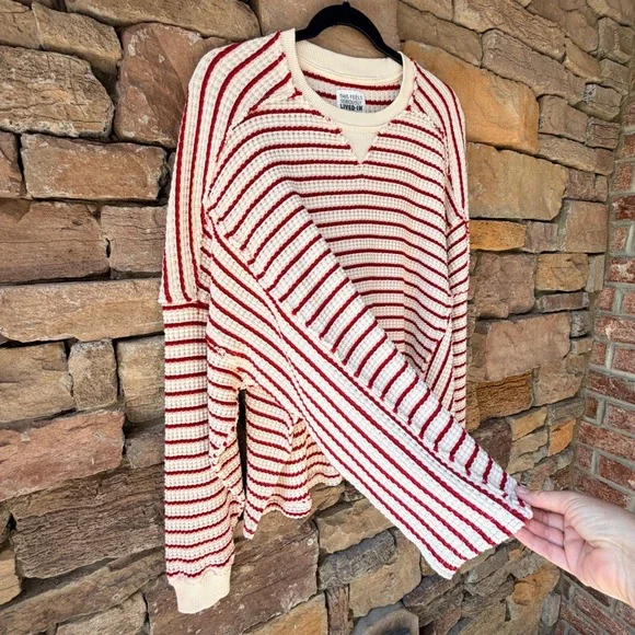 American Eagle M Lived-In Waffle Knit Striped Oversized Sweater Coastal Casual - Picture 5 of 14